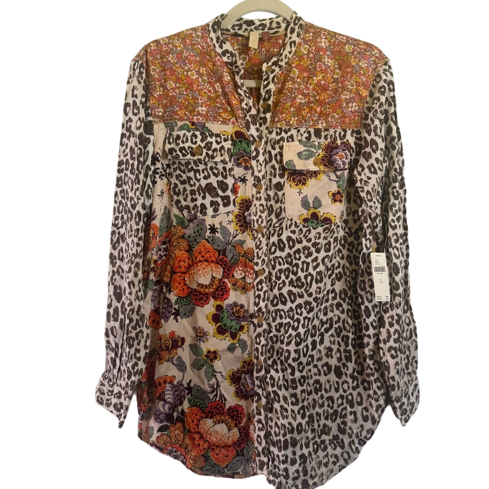 Anthropologie Pilcro New Size XS Leopard Boho‎ Fall Relaxed Tunic Button Up Top